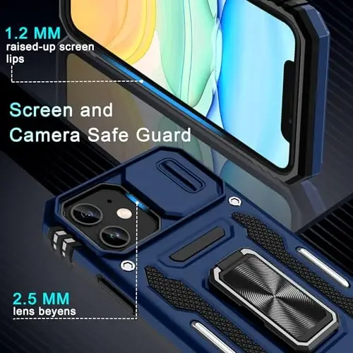 DEERLAMN Case for iPhone 11 with Slide Camera Cover+Screen Protector(2 Packs),Rotated Ring Kickstand Military Grade Shockproof Protective Cover-Navy Blue - 5