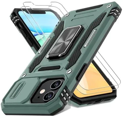 DEERLAMN Case for iPhone 11 with Slide Camera Cover+Screen Protector(2 Packs),Rotated Ring Kickstand Military Grade Shockproof Protective Cover-Green 