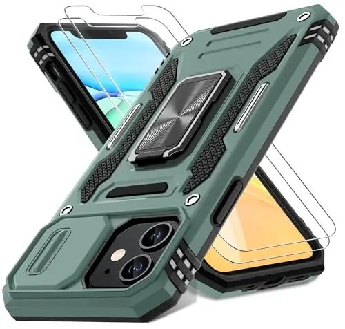 DEERLAMN Case for iPhone 11 with Slide Camera Cover+Screen Protector(2 Packs),Rotated Ring Kickstand Military Grade Shockproof Protective Cover-Green - DEERLAMN