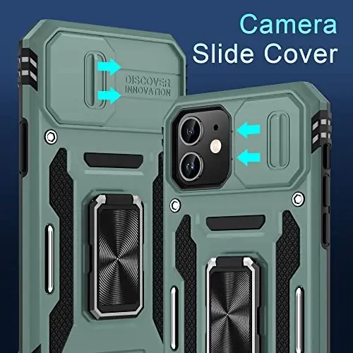 DEERLAMN Case for iPhone 11 with Slide Camera Cover+Screen Protector(2 Packs),Rotated Ring Kickstand Military Grade Shockproof Protective Cover-Green - 2