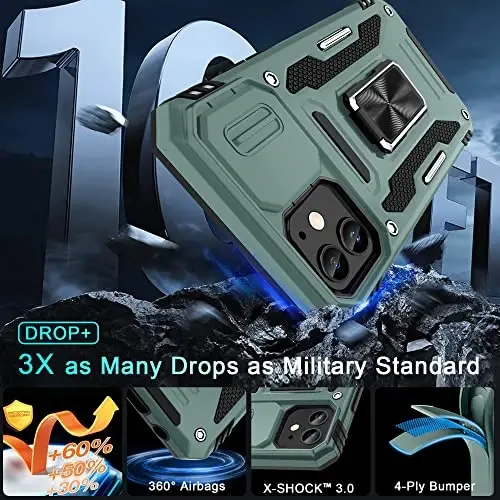 DEERLAMN Case for iPhone 11 with Slide Camera Cover+Screen Protector(2 Packs),Rotated Ring Kickstand Military Grade Shockproof Protective Cover-Green - 3