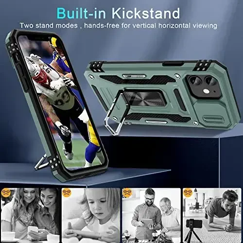 DEERLAMN Case for iPhone 11 with Slide Camera Cover+Screen Protector(2 Packs),Rotated Ring Kickstand Military Grade Shockproof Protective Cover-Green - 4