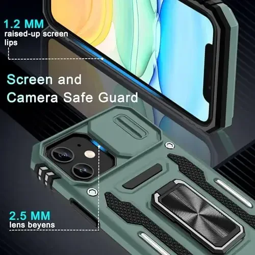 DEERLAMN Case for iPhone 11 with Slide Camera Cover+Screen Protector(2 Packs),Rotated Ring Kickstand Military Grade Shockproof Protective Cover-Green - 5