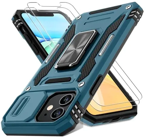 DEERLAMN Case for iPhone 11 with Slide Camera Cover+Screen Protector(2 Packs),Rotated Ring Kickstand Military Grade Shockproof Protective Cover-Light Blue - 1