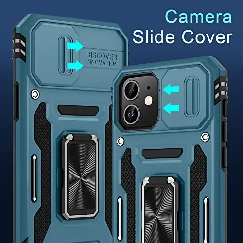 DEERLAMN Case for iPhone 11 with Slide Camera Cover+Screen Protector(2 Packs),Rotated Ring Kickstand Military Grade Shockproof Protective Cover-Light Blue - 2