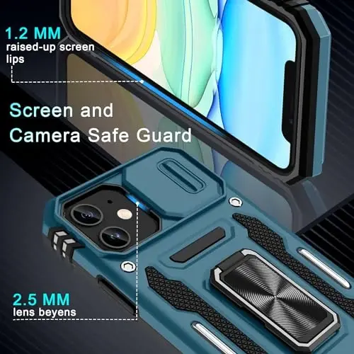 DEERLAMN Case for iPhone 11 with Slide Camera Cover+Screen Protector(2 Packs),Rotated Ring Kickstand Military Grade Shockproof Protective Cover-Light Blue - 5