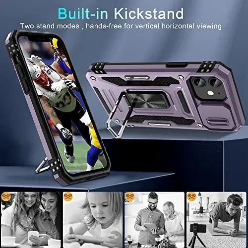 DEERLAMN Case for iPhone 11 with Slide Camera Cover+Screen Protector(2 Packs),Rotated Ring Kickstand Military Grade Shockproof Protective Cover-Deep Purple - 4