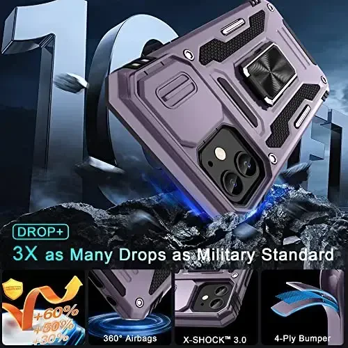 DEERLAMN Case for iPhone 11 with Slide Camera Cover+Screen Protector(2 Packs),Rotated Ring Kickstand Military Grade Shockproof Protective Cover-Deep Purple - 3