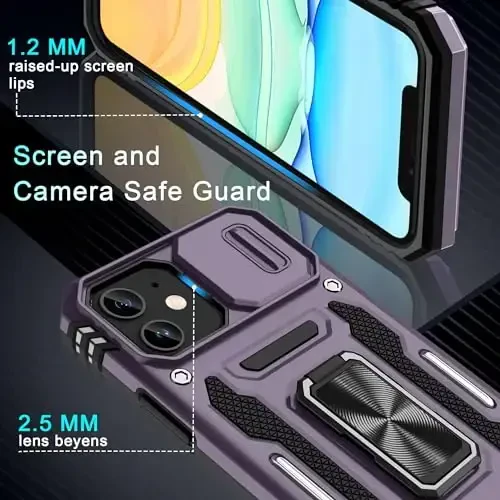 DEERLAMN Case for iPhone 11 with Slide Camera Cover+Screen Protector(2 Packs),Rotated Ring Kickstand Military Grade Shockproof Protective Cover-Deep Purple - 5