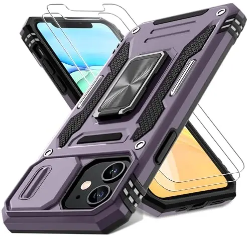 DEERLAMN Case for iPhone 11 with Slide Camera Cover+Screen Protector(2 Packs),Rotated Ring Kickstand Military Grade Shockproof Protective Cover-Deep Purple - 1