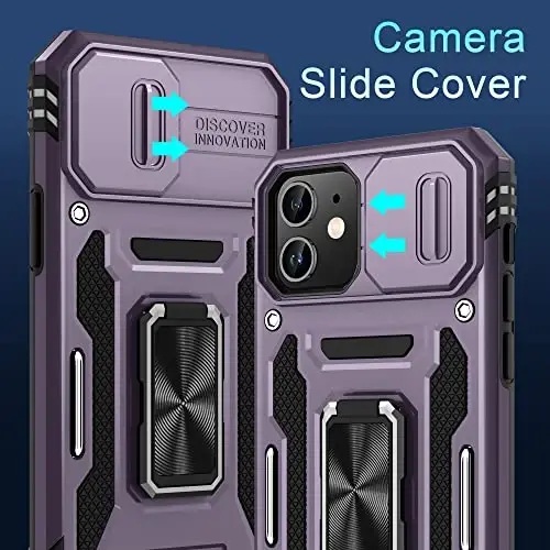 DEERLAMN Case for iPhone 11 with Slide Camera Cover+Screen Protector(2 Packs),Rotated Ring Kickstand Military Grade Shockproof Protective Cover-Deep Purple - 2