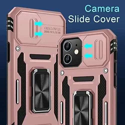 DEERLAMN Case for iPhone 11 with Slide Camera Cover+Screen Protector(2 Packs),Rotated Ring Kickstand Military Grade Shockproof Protective Cover-Rose Gold - 2