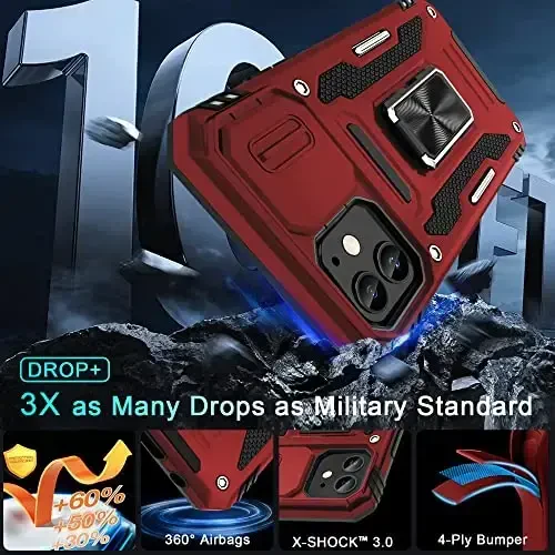 DEERLAMN Case for iPhone 11 with Slide Camera Cover+Screen Protector(2 Packs),Rotated Ring Kickstand Military Grade Shockproof Protective Cover-Red - 3