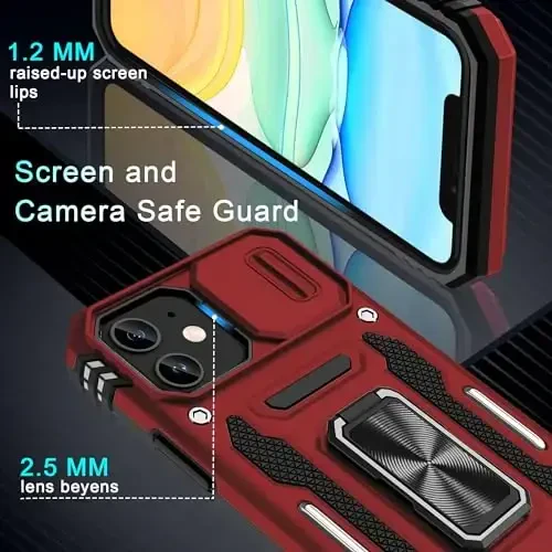 DEERLAMN Case for iPhone 11 with Slide Camera Cover+Screen Protector(2 Packs),Rotated Ring Kickstand Military Grade Shockproof Protective Cover-Red - 5