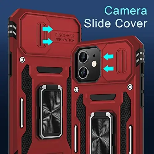 DEERLAMN Case for iPhone 11 with Slide Camera Cover+Screen Protector(2 Packs),Rotated Ring Kickstand Military Grade Shockproof Protective Cover-Red - 2