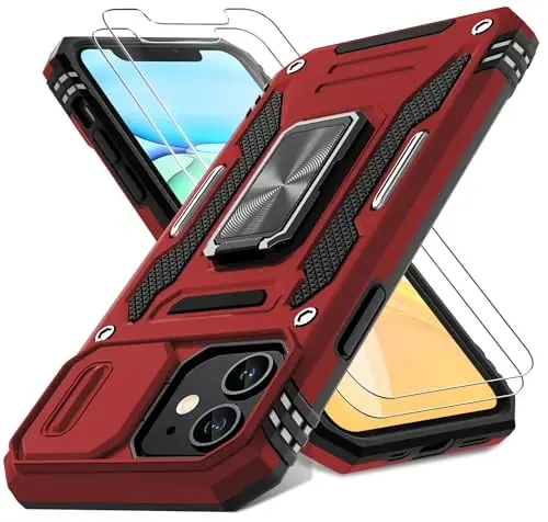 DEERLAMN Case for iPhone 11 with Slide Camera Cover+Screen Protector(2 Packs),Rotated Ring Kickstand Military Grade Shockproof Protective Cover-Red 
