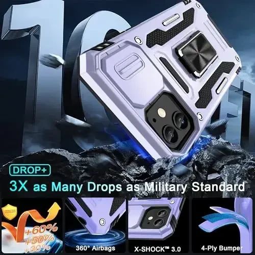 DEERLAMN iPhone 11 uchun g‘ilof, kamerali slayder qopqog‘i+ekran himoyasi (2 dona), aylanadigan halqali tirgak, harbiy standartga mos zarbga chidamli himoya qopqog‘i - och binafsha rang - 3