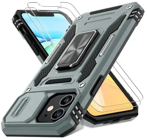 DEERLAMN iPhone 11 uchun g‘ilof, suriluvchi kamera qopqog‘i+ekran himoyachisi (2 dona), aylanuvchi halqali tayanch, harbiy darajadagi zarbaga chidamli himoya qopqog‘i-kulrang 