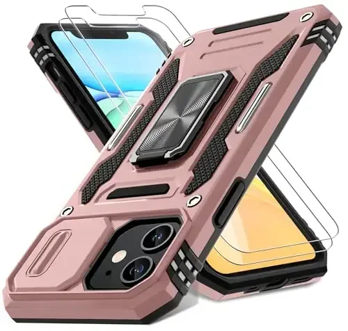 DEERLAMN iPhone 11 uchun g‘ilof, suriluvchi kamera qopqog‘i+ekran himoyachisi (2 dona), aylanuvchi halqali tayanch, harbiy standartdagi zarbaga chidamli himoya qopqog‘i - pushti oltin - 1