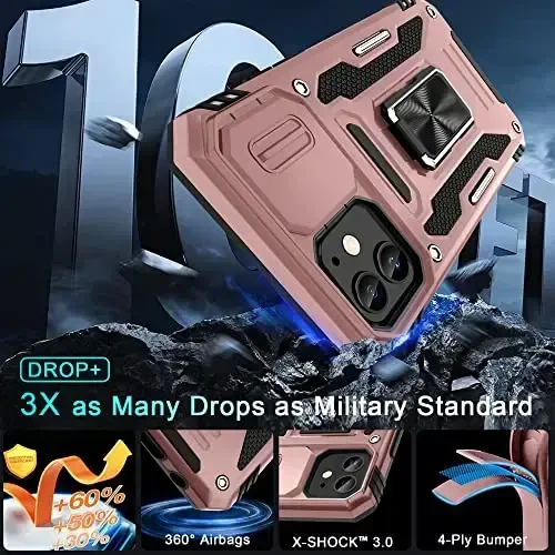 DEERLAMN iPhone 11 uchun g‘ilof, suriluvchi kamera qopqog‘i+ekran himoyachisi (2 dona), aylanuvchi halqali tayanch, harbiy standartdagi zarbaga chidamli himoya qopqog‘i - pushti oltin - 3