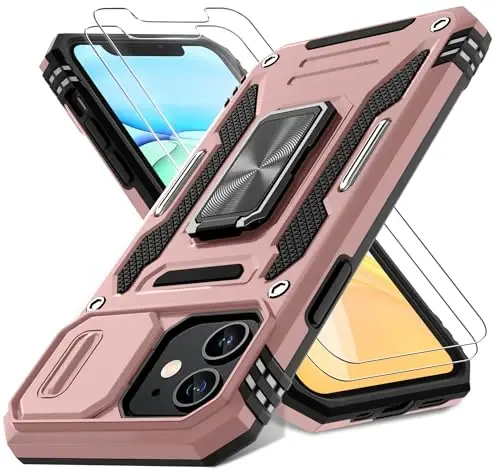 DEERLAMN iPhone 11 uchun g‘ilof, suriluvchi kamera qopqog‘i+ekran himoyachisi (2 dona), aylanuvchi halqali tayanch, harbiy standartdagi zarbaga chidamli himoya qopqog‘i - pushti oltin 