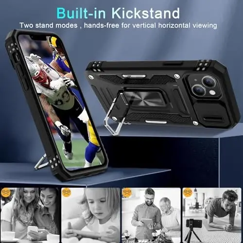 DEERLAMN iPhone 13 Mini Kılıfı, Sürgülü Kamera Kapaklı + Ekran Koruyucu (1 Adet), Döner Halka Stantlı Askeri Sınıf Darbeye Dayanıklı Koruyucu Kılıf - Siyah - 4