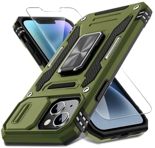 DEERLAMN iPhone 14 Plus uchun suriladigan kamera qopqog'i+ekran himoyachisi (1 dona), aylanadigan halqali stend, harbiy darajadagi zarbga chidamli himoya g'ilofi 6.7 dyuym - zaytun yashil rangi - DEERLAMN
