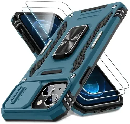 DEERLAMN Case for iPhone 15 with Slide Camera Cover + Screen Protector (2 Packs), Rotated Ring Kickstand Military Grade Shockproof Protective Cover-Light Blue - DEERLAMN