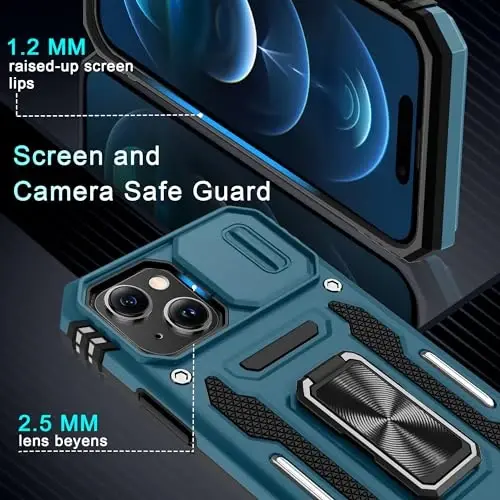 DEERLAMN Case for iPhone 15 with Slide Camera Cover + Screen Protector (2 Packs), Rotated Ring Kickstand Military Grade Shockproof Protective Cover-Light Blue - 5