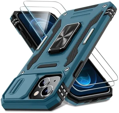 DEERLAMN Case for iPhone 15 with Slide Camera Cover + Screen Protector (2 Packs), Rotated Ring Kickstand Military Grade Shockproof Protective Cover-Light Blue - DEERLAMN
