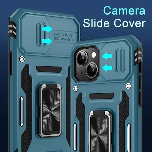 DEERLAMN Case for iPhone 15 with Slide Camera Cover + Screen Protector (2 Packs), Rotated Ring Kickstand Military Grade Shockproof Protective Cover-Light Blue - DEERLAMN (1)