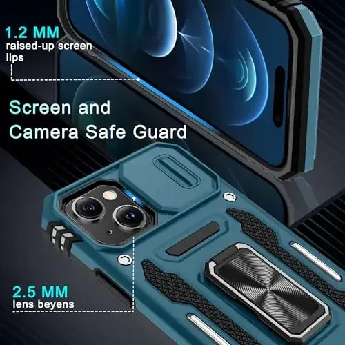 DEERLAMN Case for iPhone 15 with Slide Camera Cover + Screen Protector (2 Packs), Rotated Ring Kickstand Military Grade Shockproof Protective Cover-Light Blue - 5