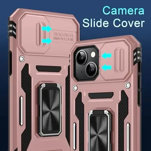 DEERLAMN Case for iPhone 15 with Slide Camera Cover + Screen Protector (2 Packs), Rotated Ring Kickstand Military Grade Shockproof Protective Cover-Rose Gold - 2