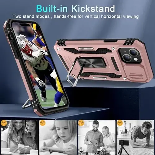 DEERLAMN Case for iPhone 15 with Slide Camera Cover + Screen Protector (2 Packs), Rotated Ring Kickstand Military Grade Shockproof Protective Cover-Rose Gold - 4
