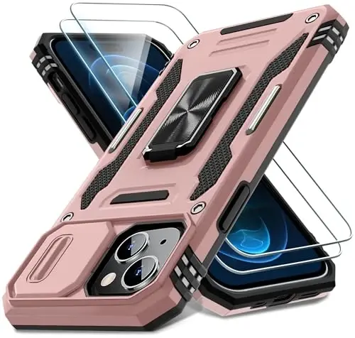 DEERLAMN Case for iPhone 15 with Slide Camera Cover + Screen Protector (2 Packs), Rotated Ring Kickstand Military Grade Shockproof Protective Cover-Rose Gold 