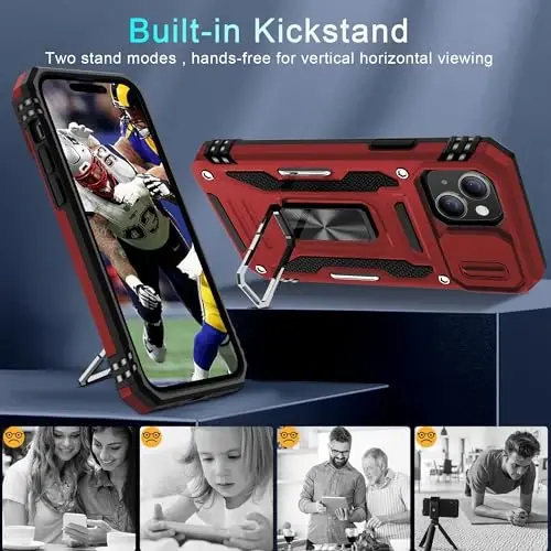 DEERLAMN Case for iPhone 15 with Slide Camera Cover + Screen Protector (2 Packs), Rotated Ring Kickstand Military Grade Shockproof Protective Cover-Red - 4