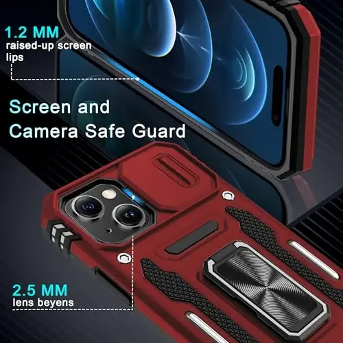 DEERLAMN Case for iPhone 15 with Slide Camera Cover + Screen Protector (2 Packs), Rotated Ring Kickstand Military Grade Shockproof Protective Cover-Red - 5