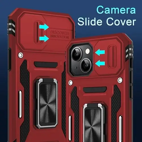 DEERLAMN Case for iPhone 15 with Slide Camera Cover + Screen Protector (2 Packs), Rotated Ring Kickstand Military Grade Shockproof Protective Cover-Red - DEERLAMN (1)