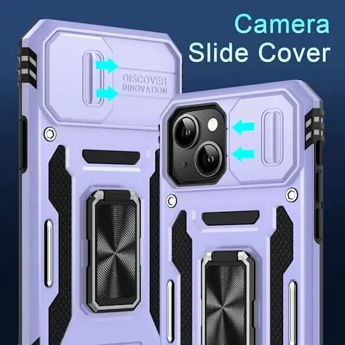 DEERLAMN Case for iPhone 15 with Slide Camera Cover + Screen Protector (2 Packs), Rotated Ring Kickstand Military Grade Shockproof Protective Cover-Light Purple - 2