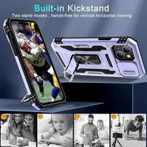 DEERLAMN Case for iPhone 15 with Slide Camera Cover + Screen Protector (2 Packs), Rotated Ring Kickstand Military Grade Shockproof Protective Cover-Light Purple - 4