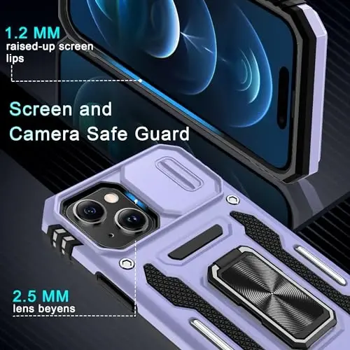 DEERLAMN Case for iPhone 15 with Slide Camera Cover + Screen Protector (2 Packs), Rotated Ring Kickstand Military Grade Shockproof Protective Cover-Light Purple - 5