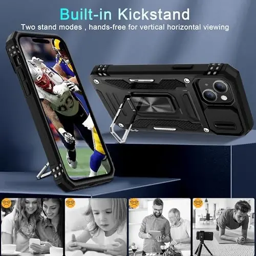DEERLAMN Case for iPhone 15 with Slide Camera Cover + Screen Protector (2 Packs), Rotated Ring Kickstand Military Grade Shockproof Protective Cover-Black - 4