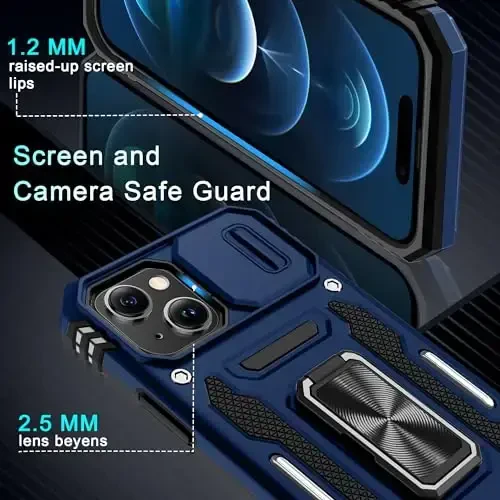DEERLAMN Case for iPhone 15 with Slide Camera Cover + Screen Protector (2 Packs), Rotated Ring Kickstand Military Grade Shockproof Protective Cover-Navy Blue - 5