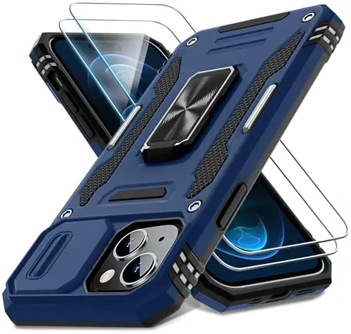 DEERLAMN Case for iPhone 15 with Slide Camera Cover + Screen Protector (2 Packs), Rotated Ring Kickstand Military Grade Shockproof Protective Cover-Navy Blue 