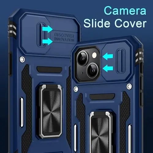 DEERLAMN Case for iPhone 15 with Slide Camera Cover + Screen Protector (2 Packs), Rotated Ring Kickstand Military Grade Shockproof Protective Cover-Navy Blue - 2