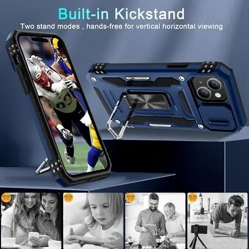 DEERLAMN Case for iPhone 15 with Slide Camera Cover + Screen Protector (2 Packs), Rotated Ring Kickstand Military Grade Shockproof Protective Cover-Navy Blue - 4