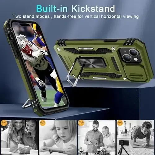 DEERLAMN Case for iPhone 15 with Slide Camera Cover + Screen Protector (2 Packs), Rotated Ring Kickstand Military Grade Shockproof Protective Cover-Olive Green - 4