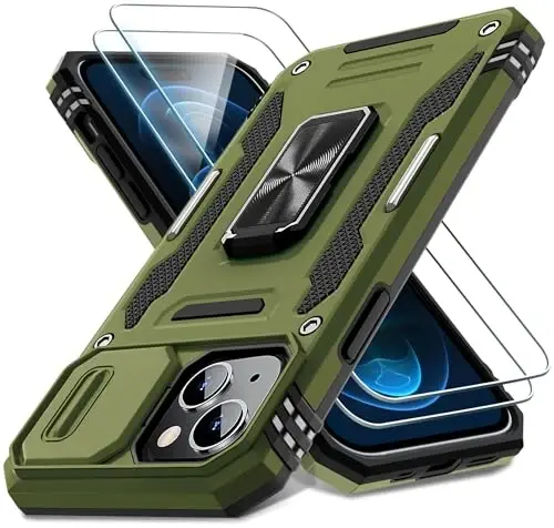DEERLAMN Case for iPhone 15 with Slide Camera Cover + Screen Protector (2 Packs), Rotated Ring Kickstand Military Grade Shockproof Protective Cover-Olive Green 