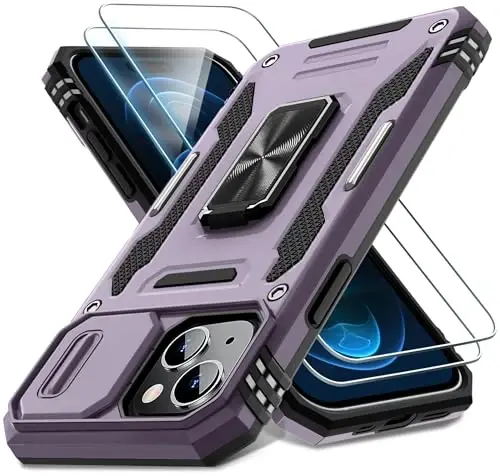 DEERLAMN Case for iPhone 15 with Slide Camera Cover + Screen Protector (2 Packs), Rotated Ring Kickstand Military Grade Shockproof Protective Cover-Deep Purple - 1
