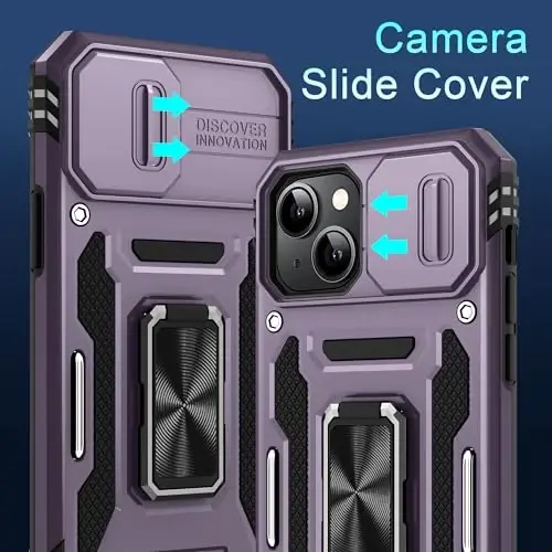DEERLAMN Case for iPhone 15 with Slide Camera Cover + Screen Protector (2 Packs), Rotated Ring Kickstand Military Grade Shockproof Protective Cover-Deep Purple - 2